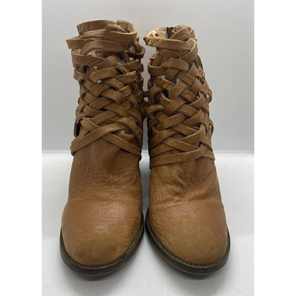Free People Carrera Bootie Woven Ankle Boots Vintage Tan Leather Size 39 US 8.5